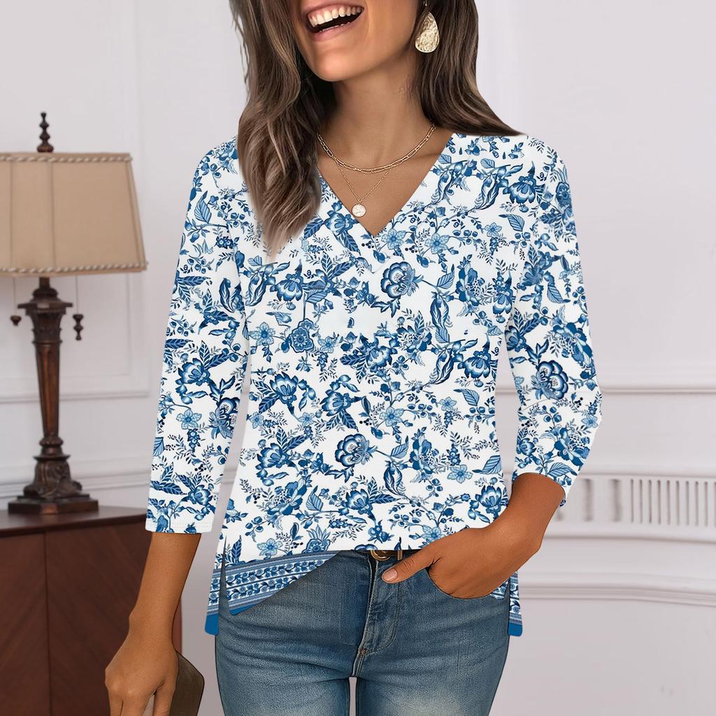 3/4 Sleeve Shirts For Women  Print Graphic Tees Blouses Casual Plus Size Basic Tops Pullover