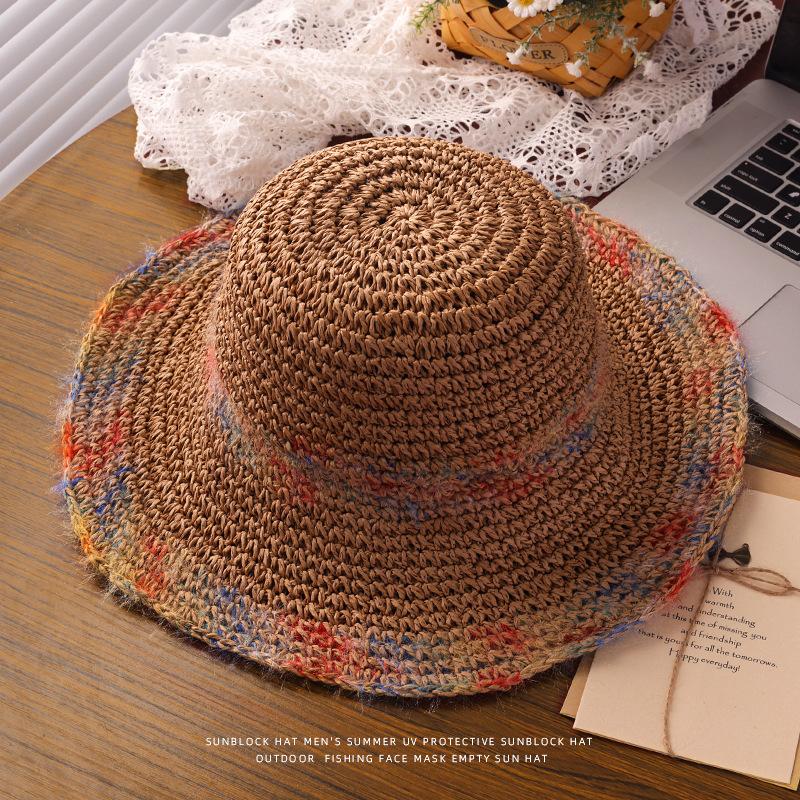 Sunscreen hat women's summer color woven straw hat seaside vacation breathable hollow large brim UV protection sun hat