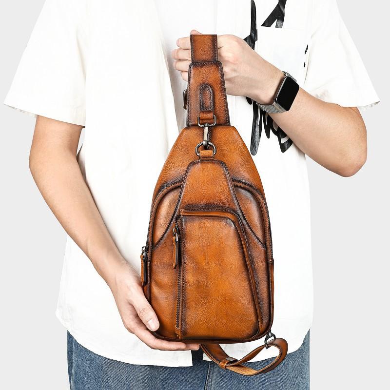 Vintage Genuine Leather Men s Chest Bag Hand Polished Large Capacity Crossbody Top Layer Cowhide Casual Men коричневый