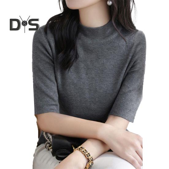 Women Sweater Half High Collar Half Sleeve Knitting Tops Solid Color Slim Fit Sweater Tops Commuting Street Wear