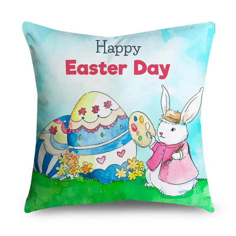 Home Decoration Easter Pillowcase Cute Bunny Easter Egg Pattern Pillowcase Festive Atmosphere Decoration Cushion Cover