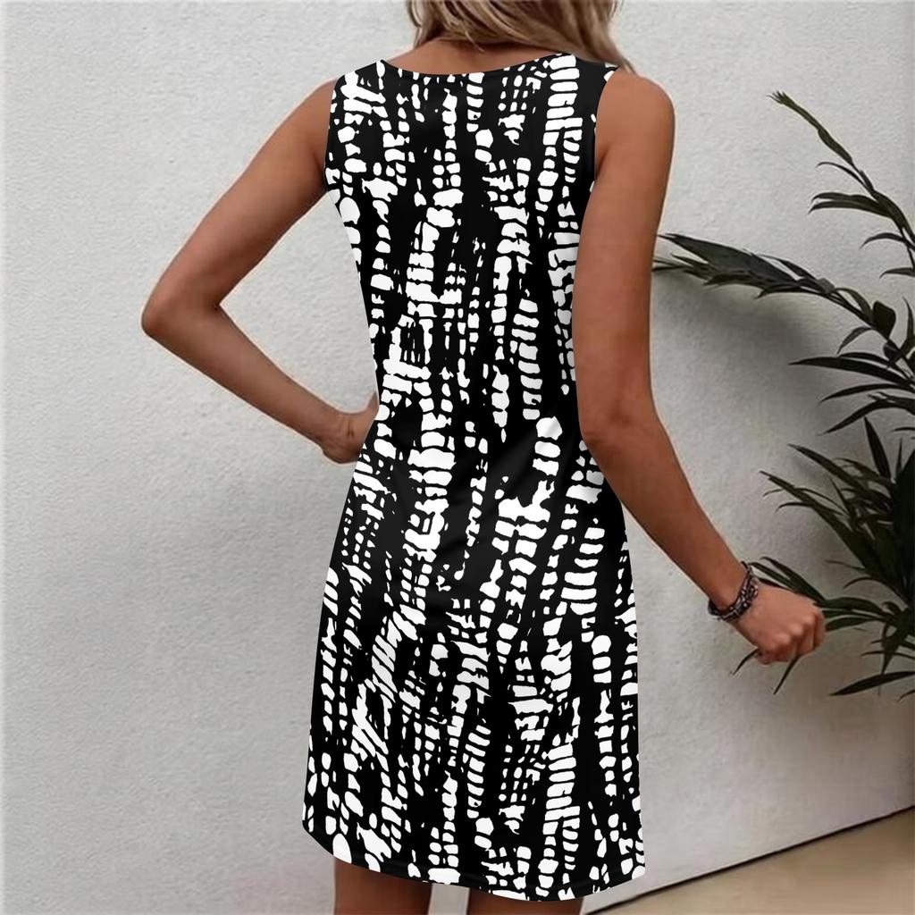 Abito da donna alla moda casual con stampa floreale, girocollo, senza maniche
