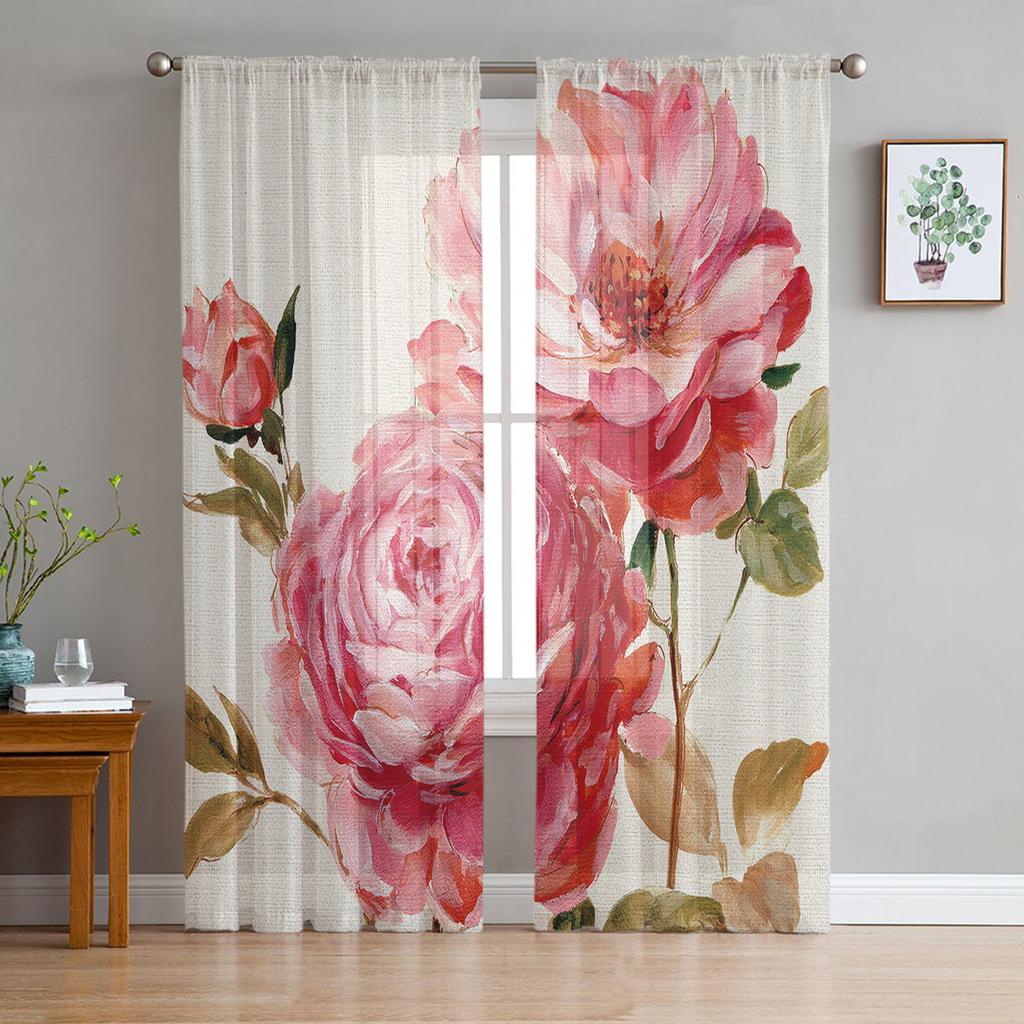 Peony Flower Sheer Curtains for Living Room Modern Voile Curtain Bedroom Tulle Curtains Window Drapes Decor