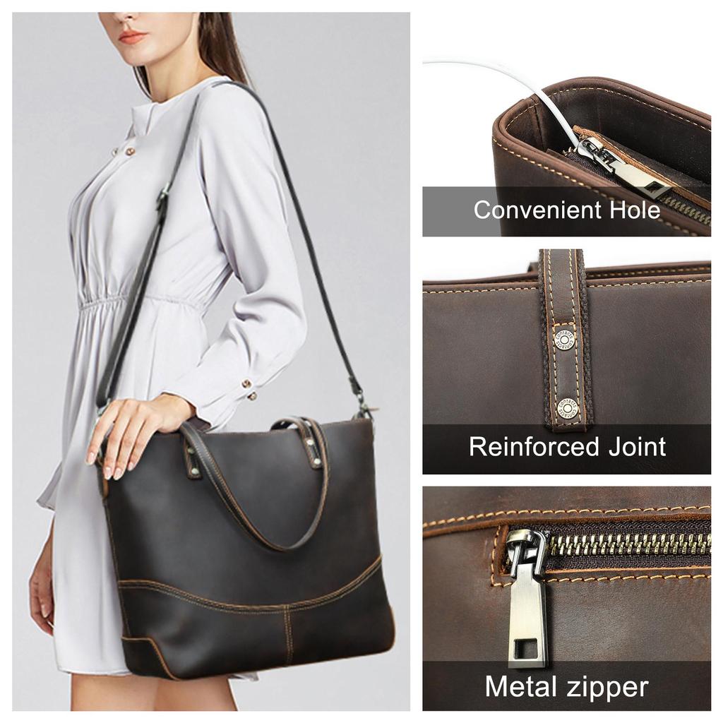 CONTACT'S Genuine Leather Tote Bags for Women Men Briefcase Shoulder Messenger Laptop Bags Lady Office Female Bags Handbags for 14.2 Laptop