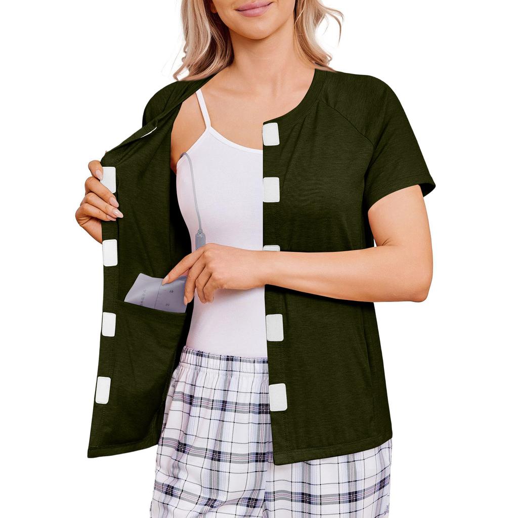 Camicia da donna post-operatoria a maniche corte colorata con quattro tasche