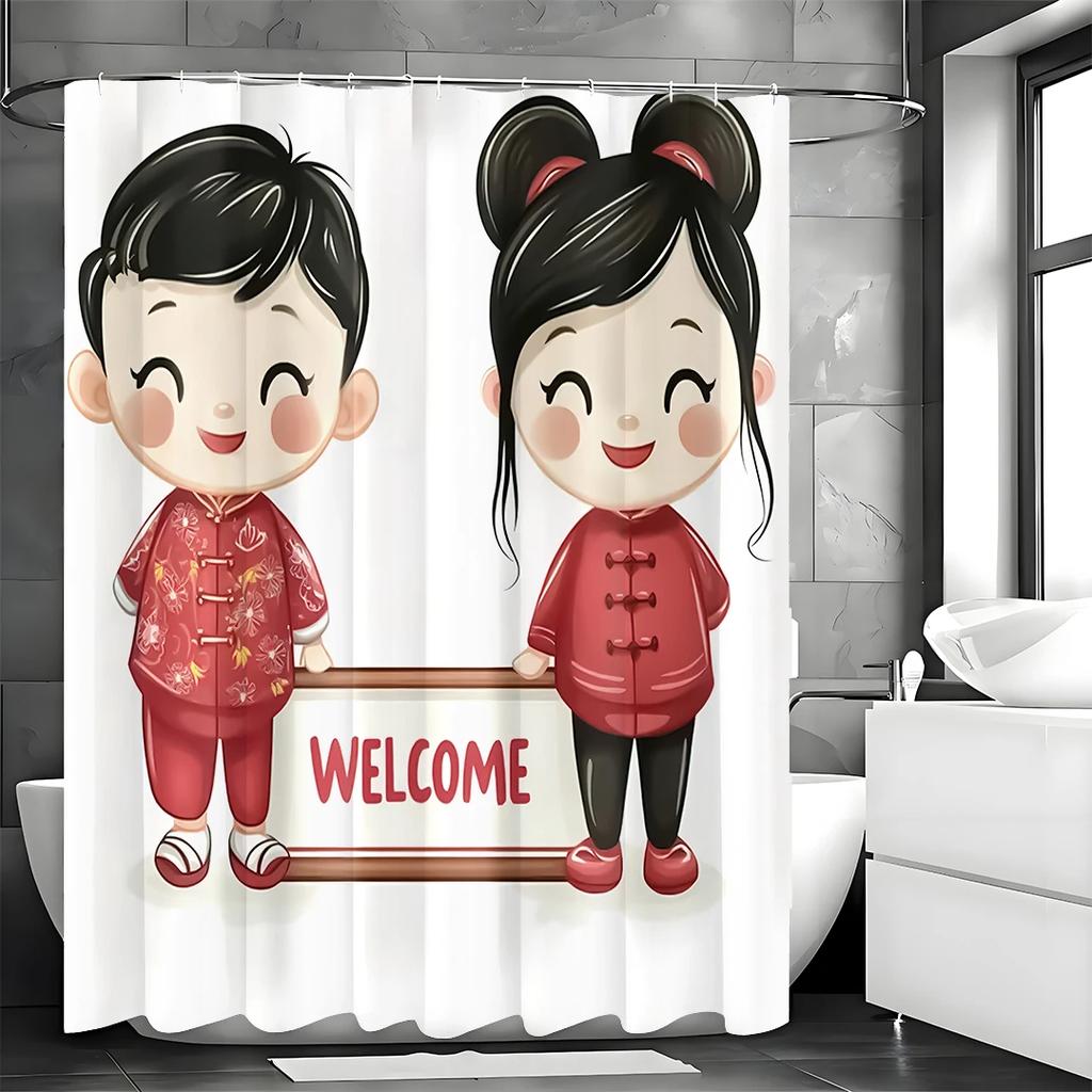 Valentine's Day Cartoon Character Welcome Shower Curtain, Bathroom Decorative Shower Curtain, Waterproof Shower Curtain with Hoo