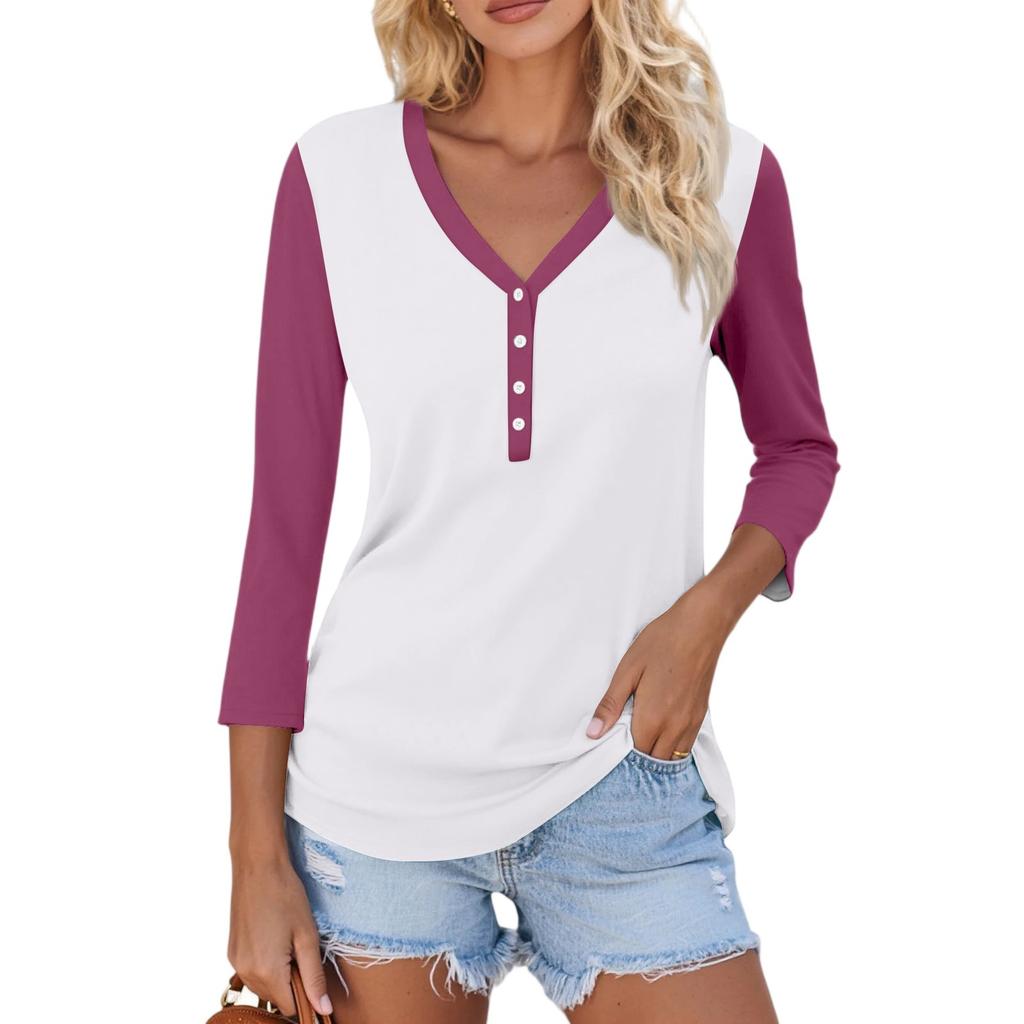 Women's Casual Fashion Sexy Comfortable V-neck Button Stitching Color Three-quarter Sleeve Top