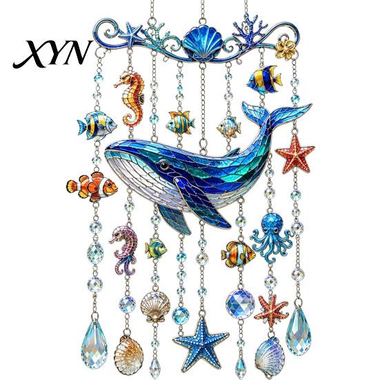 Durable Acrylic Sun Catcher Ocean Animal Window Hanging, Stained Glass Style Sea Turtle Whale Dolphin Suncatcher Beach Themed Home Decor with Crystal