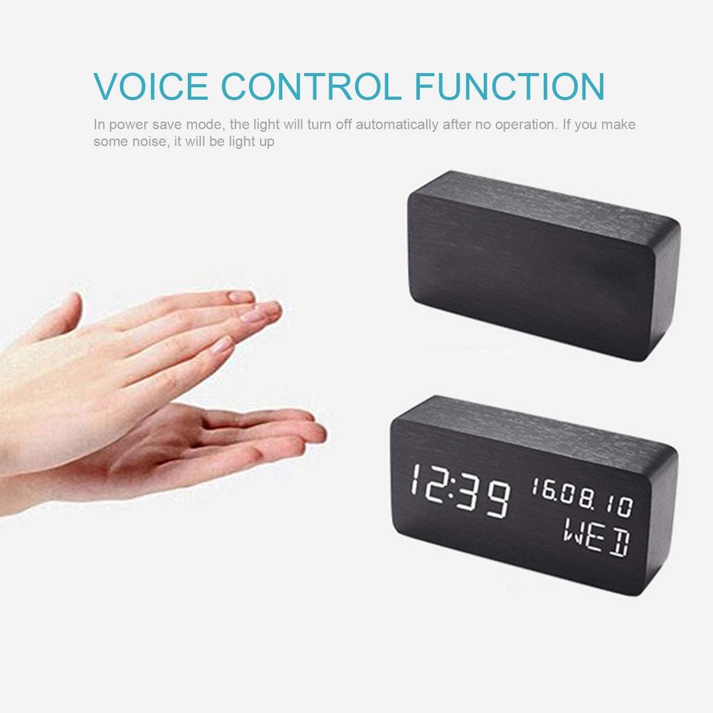 Alarm Clock, Digital Alarm Clock for Bedroom, Wooden Desk Alarm Clock, with Voice Control, Date and Temperature Adjustable, 3 Brightness Display LED