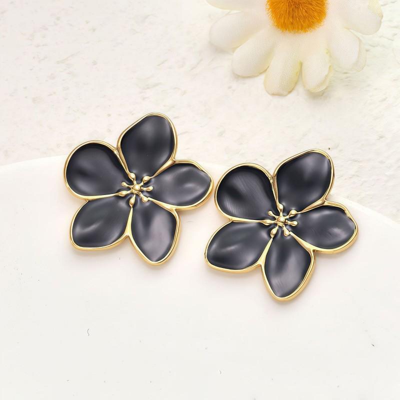 Creative Drop Oil Stainless Steel Petal Stud Earrings for Women Vintage Elegant Simple Flower Earrings Daily Versatile Jewelry