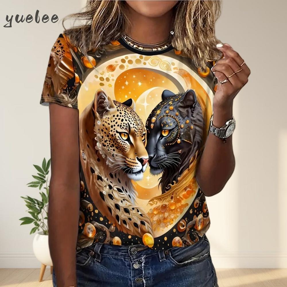Women s T-Shirt Summer Animal Leopard 3D Print T-Shirt Women Street Casual Fashion Short Sleeve T-Shirt O-Neck Clothes for Woman M