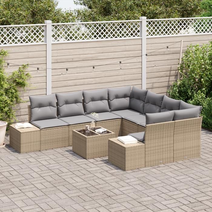 VidaXL Ensemble de Canapés de Jardin 9 Pièces avec Coussins Beige Poly Rattan 3347000