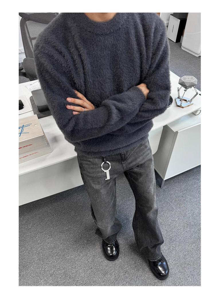 Męski sweter z sztucznego futra norek: Miękki Puszysty Dzianina, Okrągły Dekolt, Długi Rękaw, Swobodny Luźny Krój na Jesień/Zimę