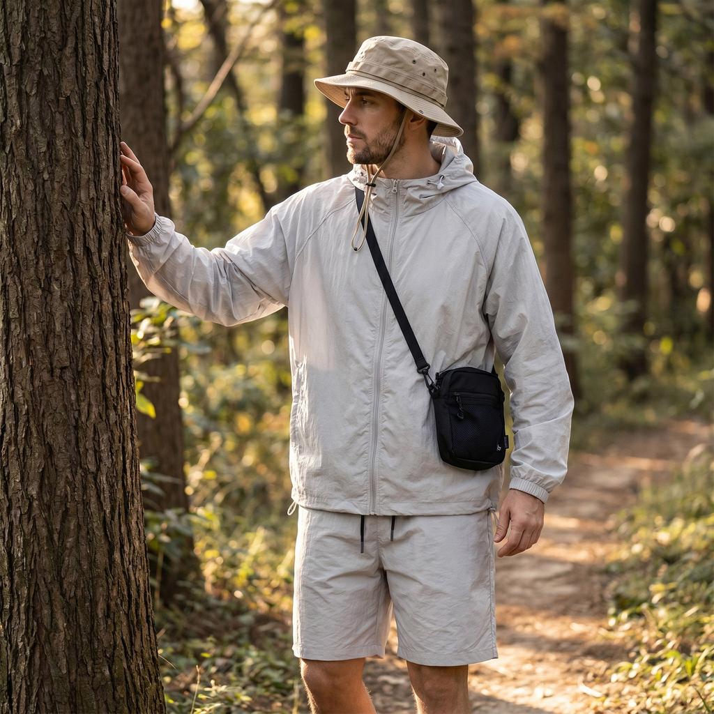 Men's Lightweight Hooded Jacket and Shorts Set Quick Dry Breathable Sun Protection Outdoor Sports Casual Activewear with Long Sleeve Option