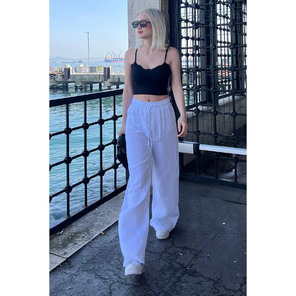 Grüne Weitbeinige Musselin Damen Hose Mg1980