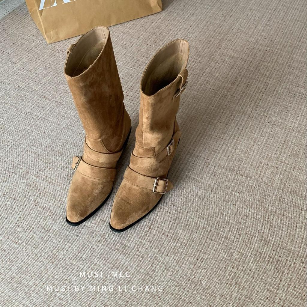 2025 Korean Version of the New Niche Design Retro French Short Boots Small Square Head Western Boots Suede Medium Boots Women's Boots