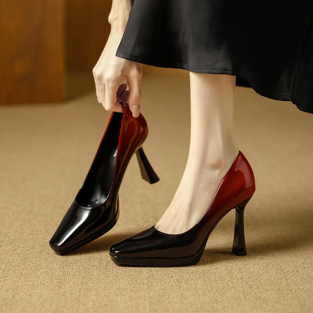 European and American banquet waterproof table high heels 2026 spring and autumn patent leather color matching square head thin heel light mouth