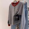 Women's Santa Claus Embroidered Wool Cardigan - Round Neck, Color Block, Loose Fit, Autumn Winter Knitwear.