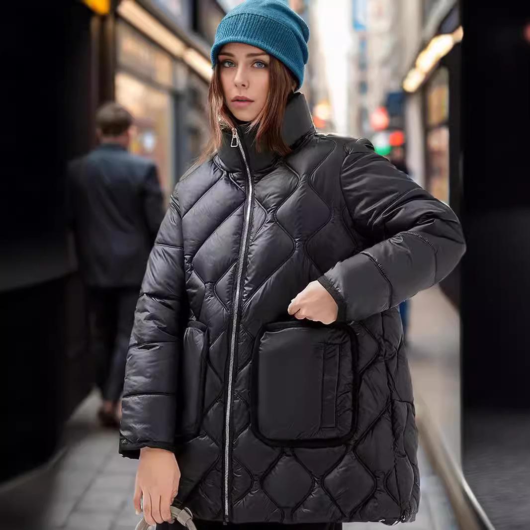 

YJKDYK 2025 зимняя женская стеганая куртка женская однотонная с высоким воротником теплая парка пальто топы женская хлопковая куртка с 2 карманами XXL чёрный