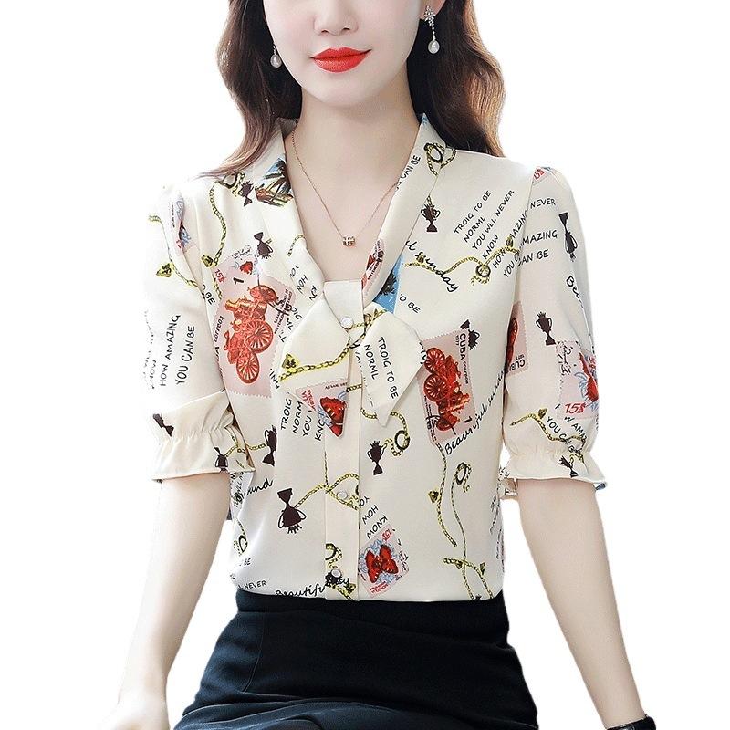 Eleganckie koszule damskie Letnia moda Uniwersalna bluzka z nadrukiem w serek Kobiecy temperament Marszczona koszula z krótkim rękawem z szyfonu Popularna