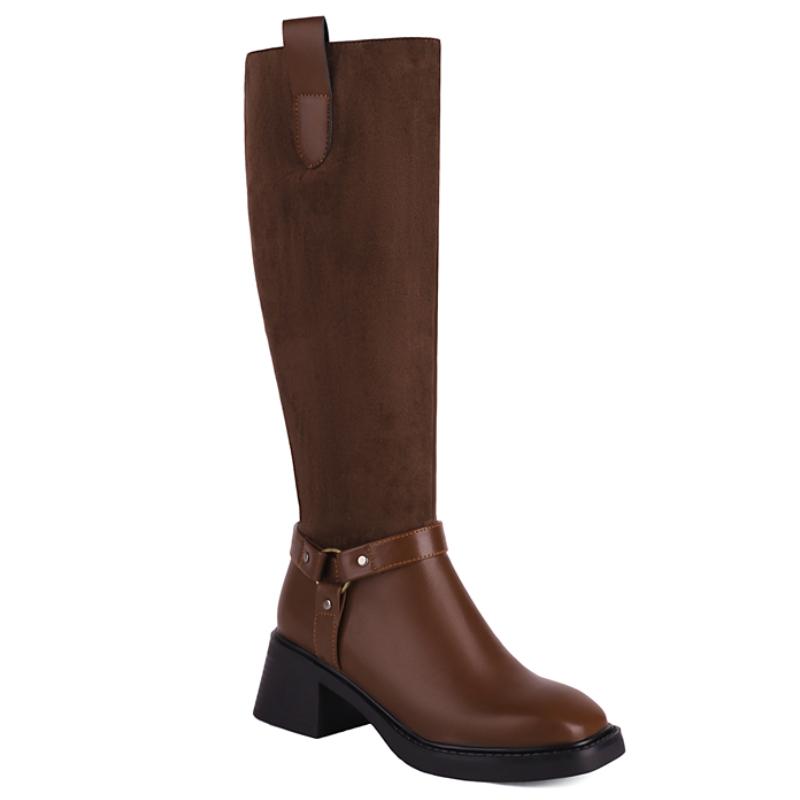 

Винтажные ботфорты женские 2024 осень зима теплая обувь женская черные низкий каблук сапоги для верховой езды обувь дизайнер пряжка 39 коричневый