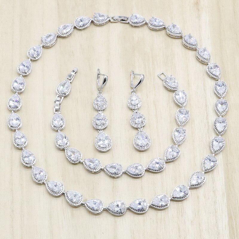 

WPAITKYSБелый Циркон Серебристый Цвет Свадебные Ювелирные Наборы Для Женщин Капли Воды Ожерелье Серьги Браслет