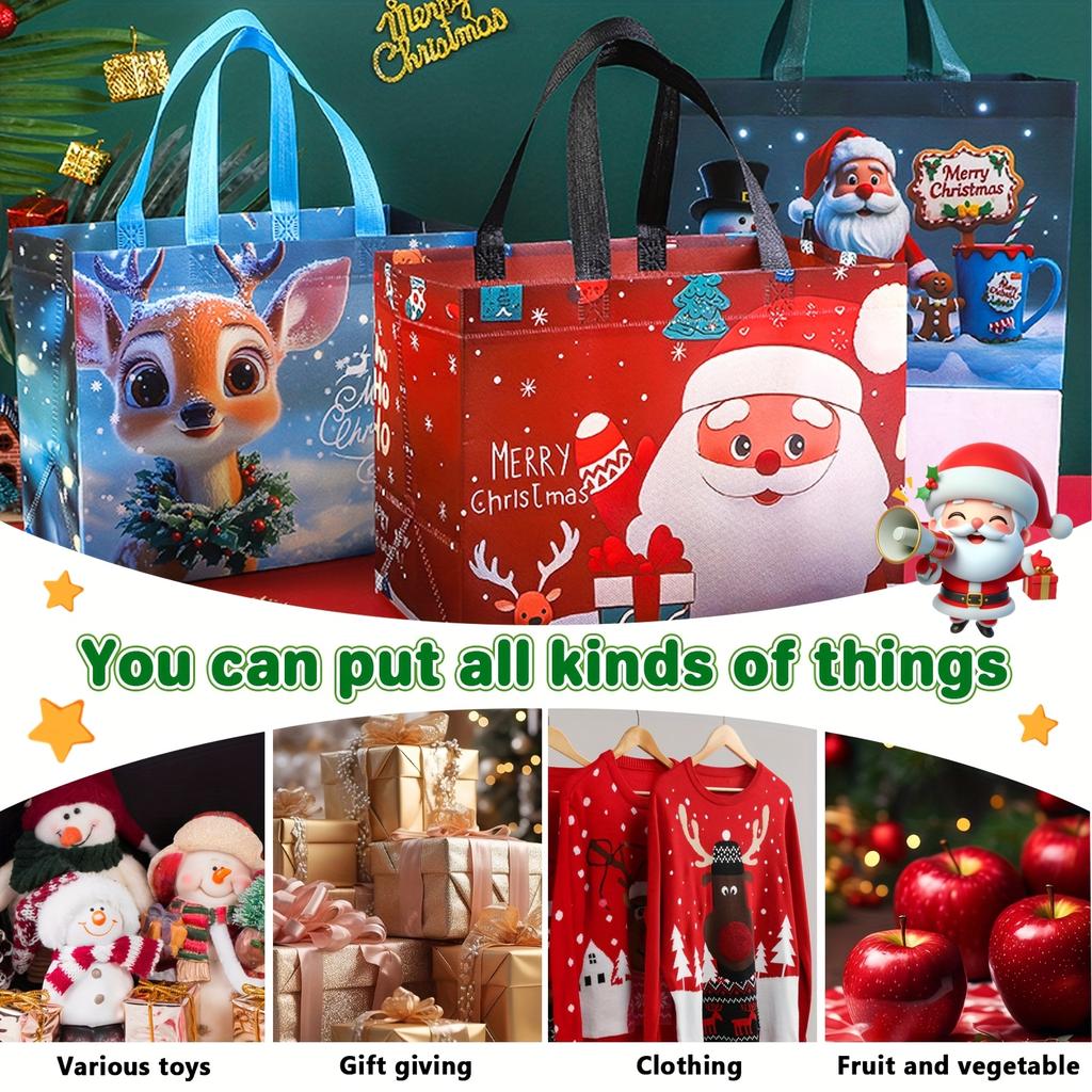 5pcs Large Christmas Gift Bags with Handles - Extra-Large Party Favor Bags- Reusable Santa, Snowman, Christmas Tree Designs