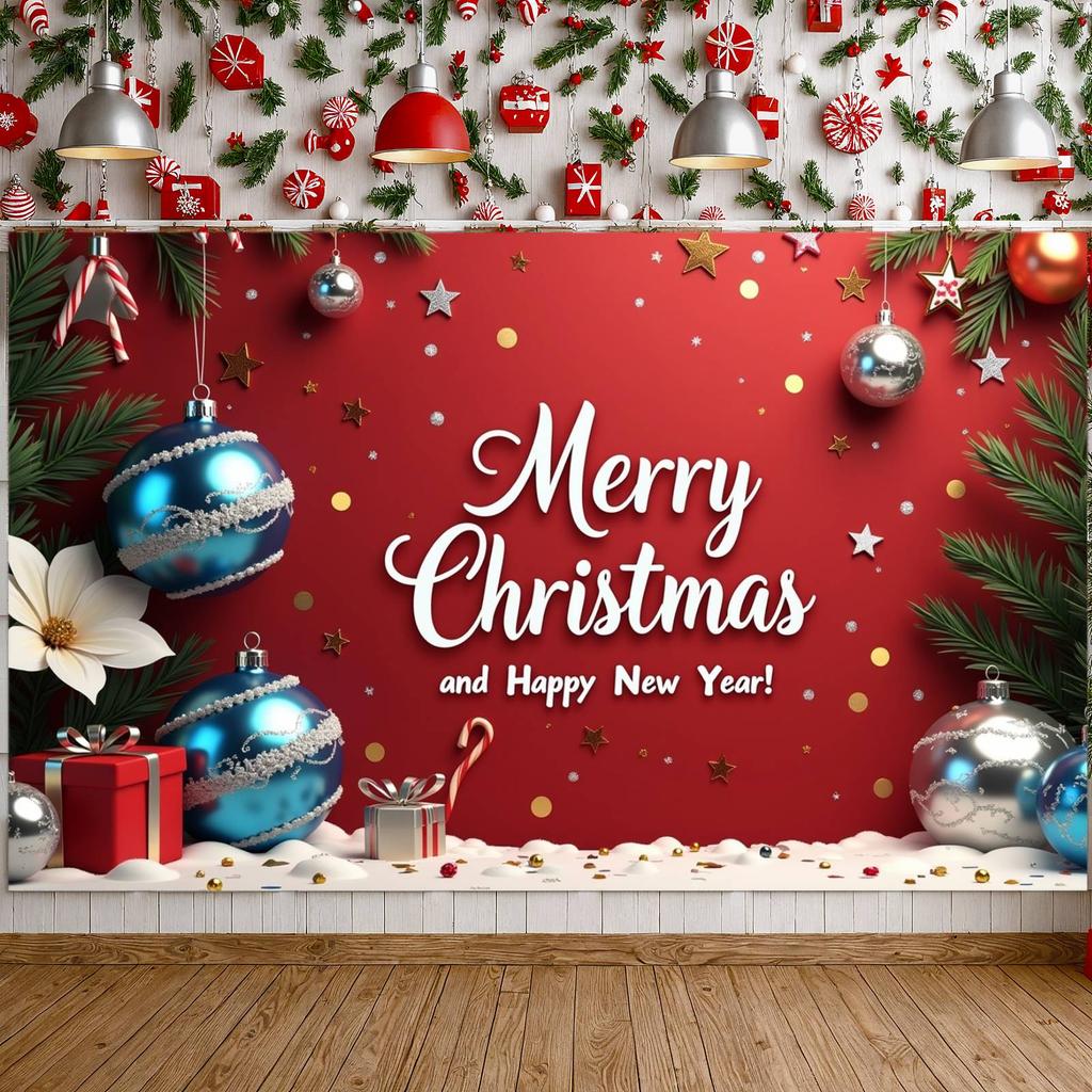 Festive Banner Poinsettia Happy New Year Banner Christmas Decoration Banner Silver Blue Decorations For New Year Celebration New