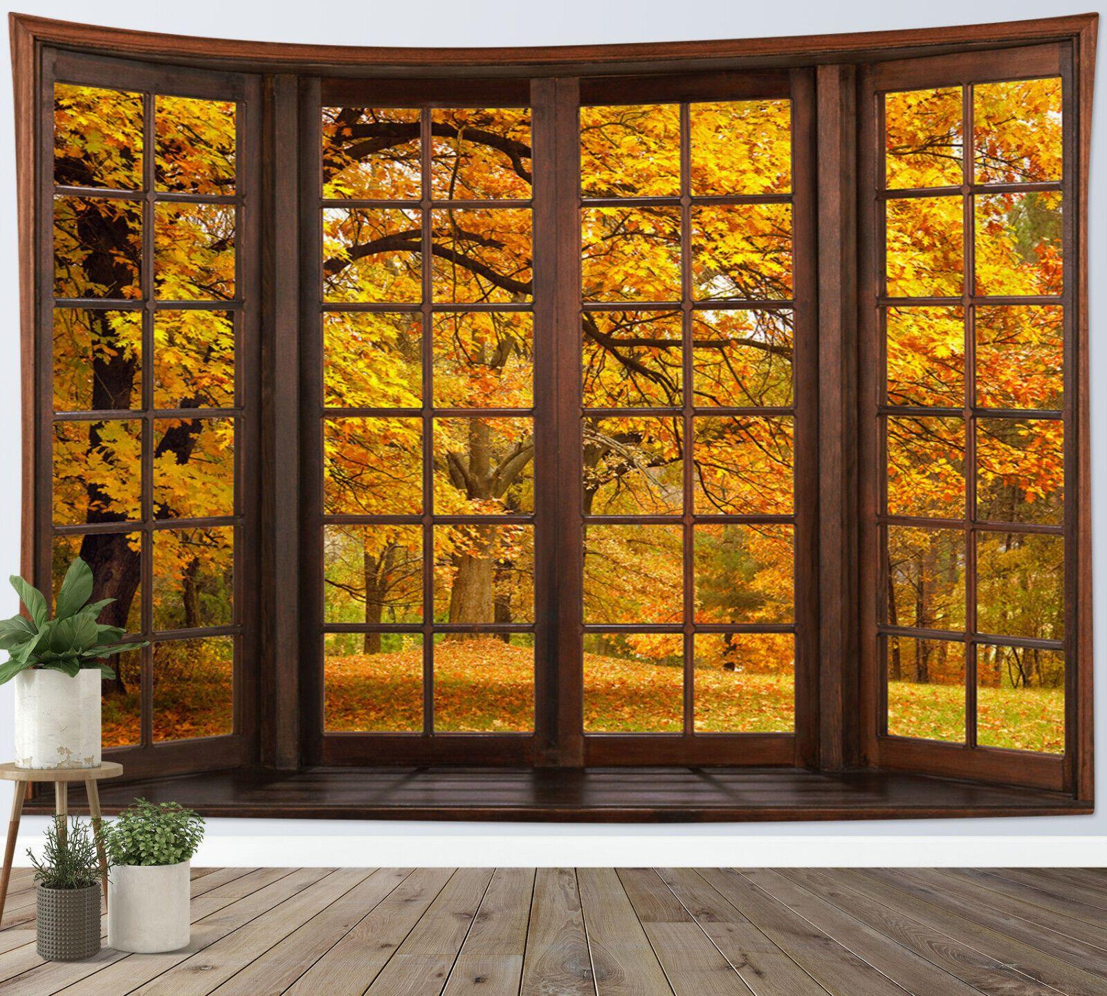 Autumn Forest Window View Tapestry Wall Hanging