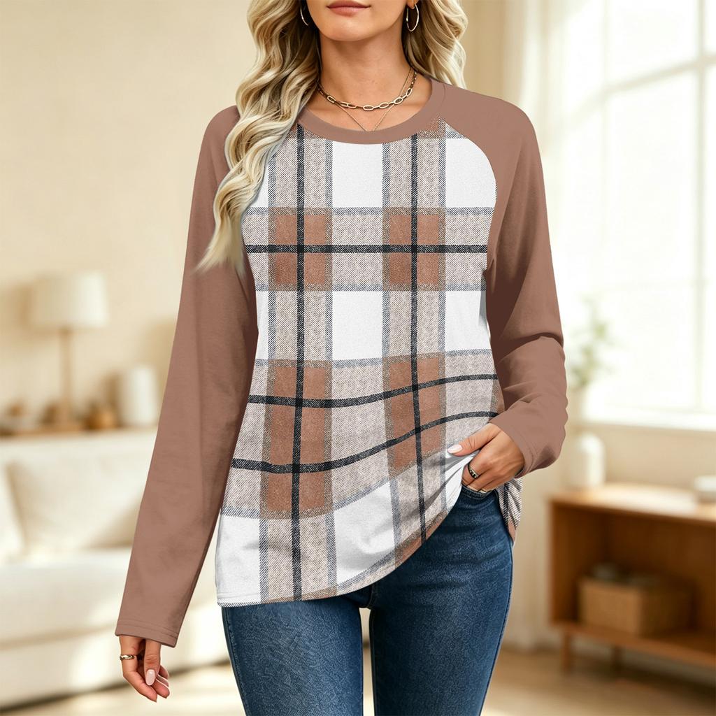 Women's Fashion Printed Long Sleeve Neck Raglan Sweatshirt with Color Block