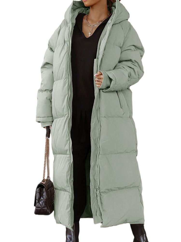 Women's Bright Orange Long Puffer Coat with Hood and Front Zipper