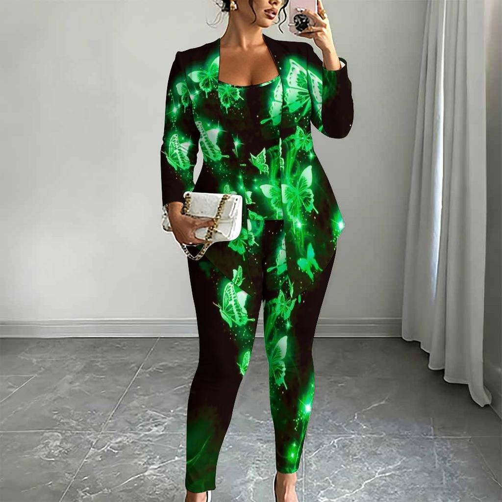 Plus Size Butterfly Print 3 Piece Outfit, Long Sleeve Open Front Cardigan Cami Top Leggings Set for Women