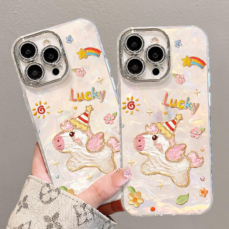 Applicable to Apple 17promax mobile phone case new women's 16 oil painting pony bracelet mate80 high value 15 cute