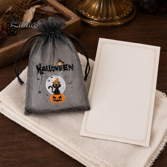 Halloween Party Prop 12 Pcs Organza Candy Bag, Drawstring Treat Pouch with Pumpkin Ghost Bat Storage Bag Print, Sheer Favor for Snacks, Trick or Gift