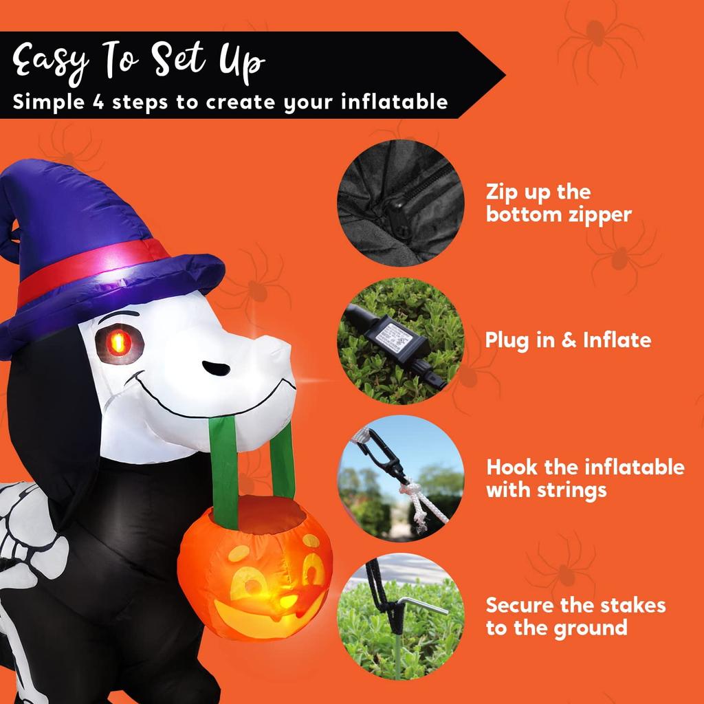 Joyfy 5 FT Pumpkin Skeleton Wiener Dog Halloween Inflatables Light Up Halloween Inflatables Outdoor Halloween Yard Decorations