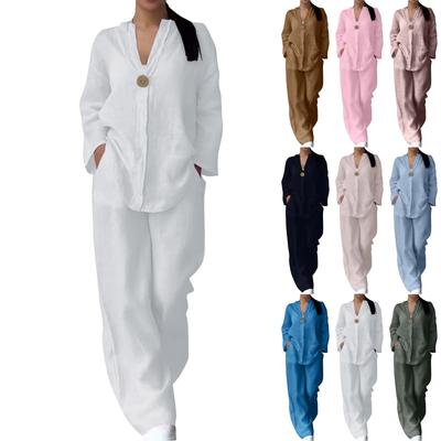 Women's Round V-neck Pullover Casual Long Sleeve Long Pants Cotton Linen Fashion Suit