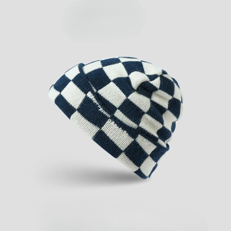 

Вязаная шапка мужская черно-белая клетчатая шапка Baotou японская универсальная шерстяная ворсовая шапка осенне-зимняя универсальная корейская версия холодная шапка One size