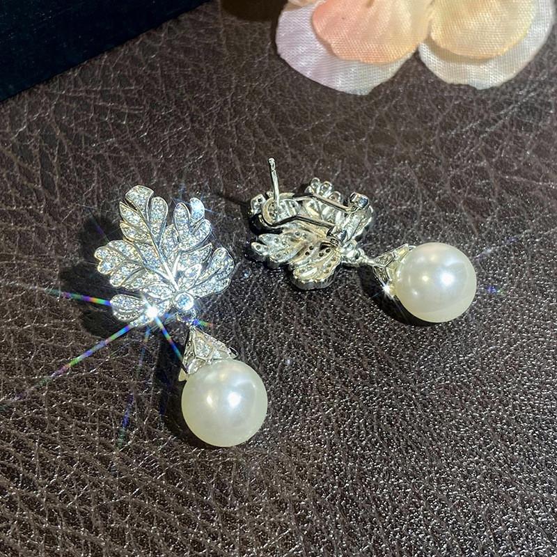 925 Sterling Silver Leaf Pendant Earrings for Women Female Engagement Jewelry Brilliant Zirconia Pearl Wedding Accessories