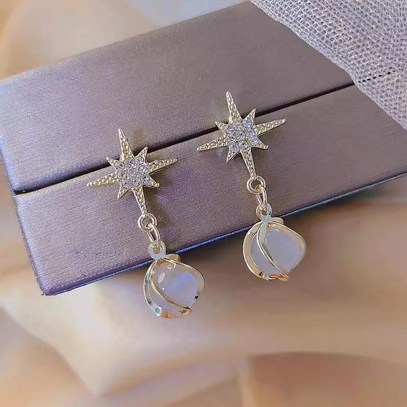 Luxury S925 Silver Needle Star Cat Eye Stone Diamond Women Earrings