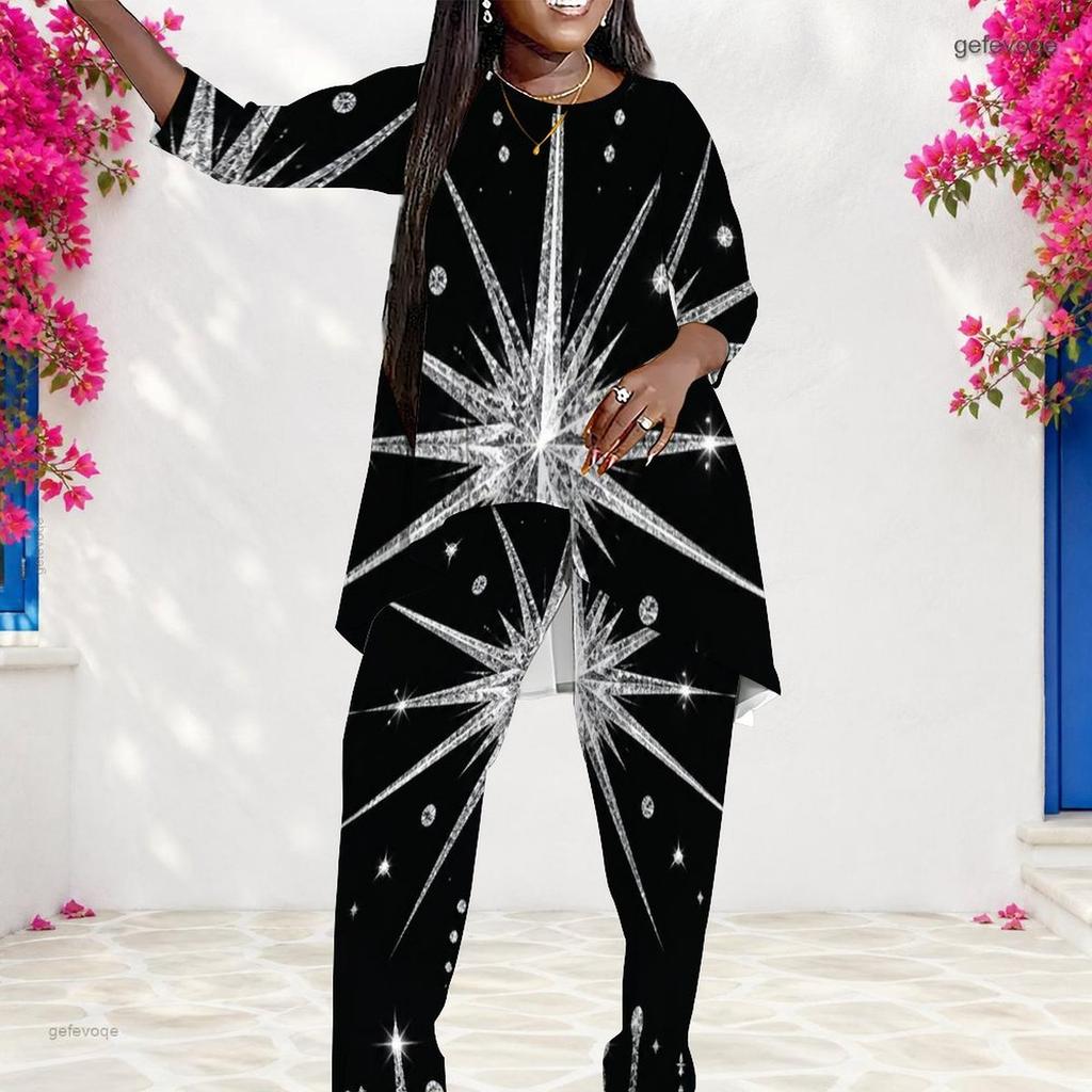 Women Plus Size Round Neck Long Sleeve Green Black Gold Printed Layered Top And Long Pants Two Piece Set