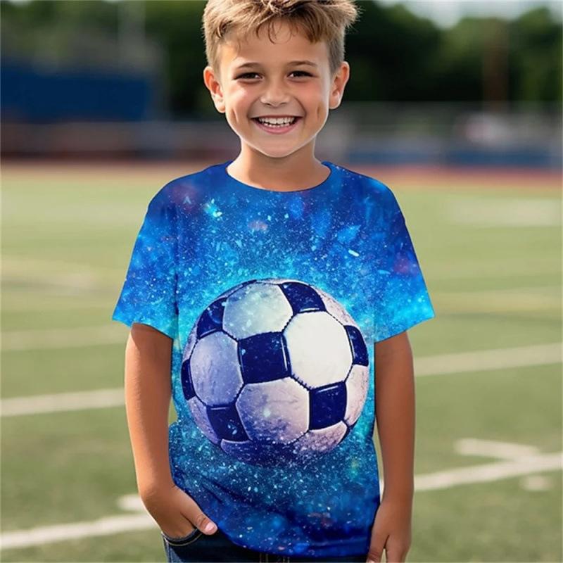 Summer Round Neck Football Pattern 3D Printed Top Fashionable Casual Short Sleeved Children's Boy T-shirts