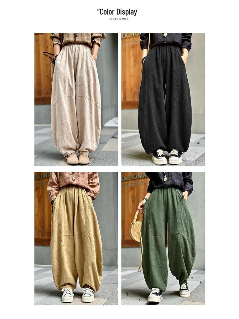 Women's Cotton Linen Loose Lantern Pants - Autumn Zen Meditation Tai Chi Style