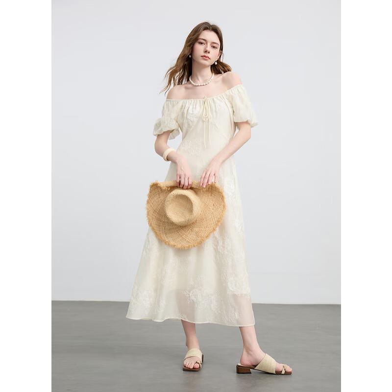 

San Cai Women s Lyocell Embroidered Puff Sleeve A-Line Maxi Dress S