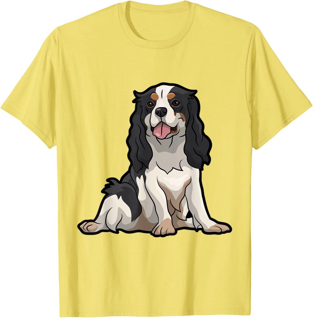 Tricolor Cavalier King Charles Spaniel Dog Sitting Graphic T-Shirt Casual Cotton Tee