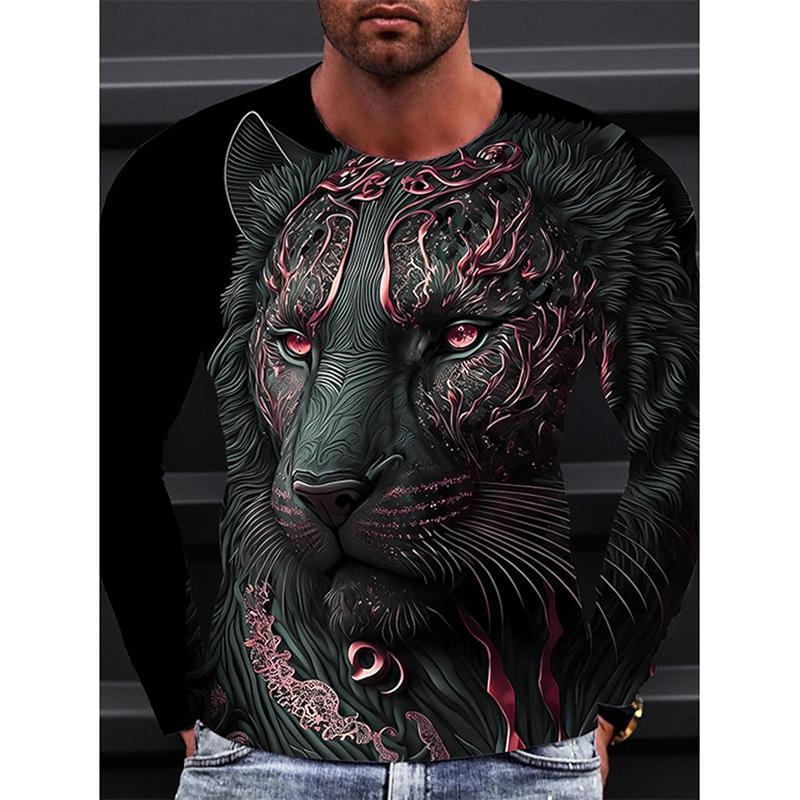 Men Long Sleeve Crewneck Print Fierce Animal Pattern Y2K Fashion Men's Shirt Long Sleeve Street Retro Style Men's Wear