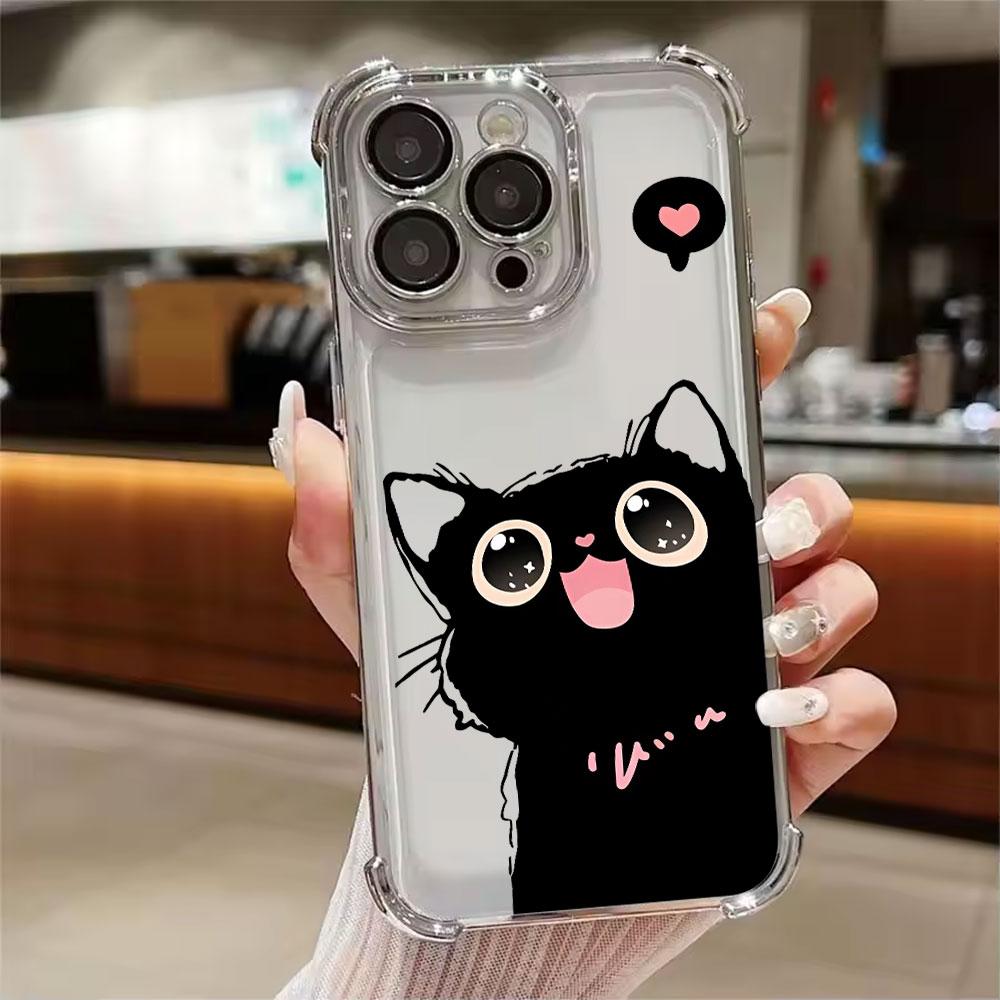 Black Cat Cartoon Art Phone Case for iPhone 11 13 15 16 17 Pro Max 14 Plus 17Air 16E 13 Pro 12 Mini 17Pro Shockproof Clear Cover