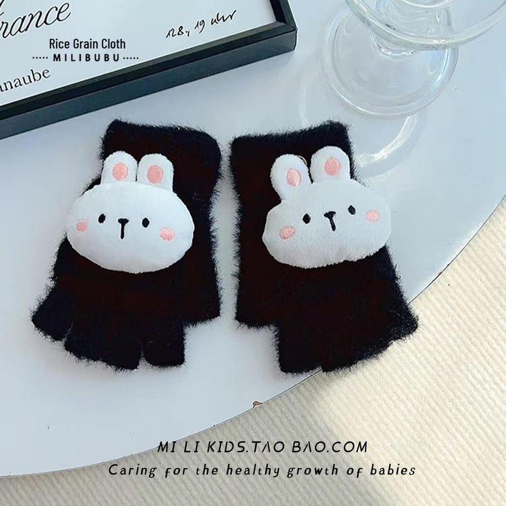 Girls' Winter Plush Rabbit Gloves: Warm, Touchscreen-Compatible, Half-Finger Flip-Top with Fleece Lining