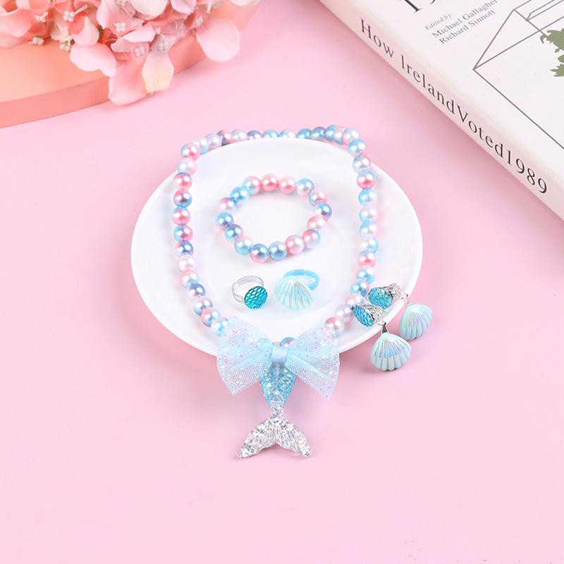 HEOXIN Girls Mermaid Jewellery Sets, Collana Orecchini Bracciale Anello, Ocean Fishtail Perla Conchiglia Cordone Elasticizzato Campana Regolabile, Gioielli Toddler Bambina Principessa Dress Up, Blu