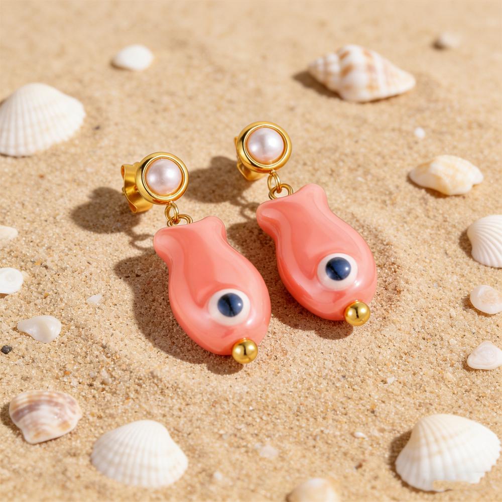 Stainless Steel Earrings Colorful Ocean Ceramic Fish Drop Dangle Earrings for Women Summer Beach Holiday Handmade Jewelry Gift