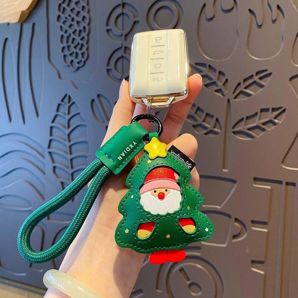 Waterproof Santa Claus Keychain Sewn Leather Elk Pendant Small Gift Christmas Key Ring  Women